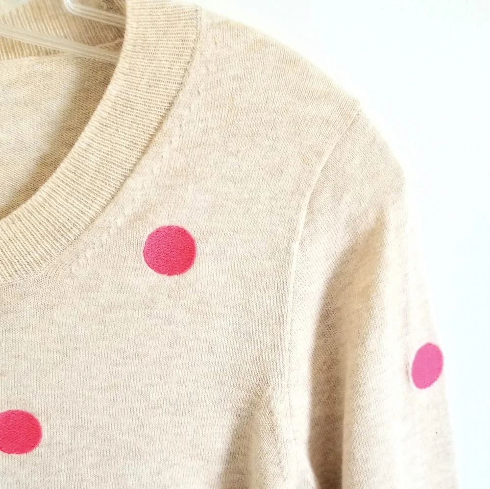 J. Crew pink dot embroidered tan cotton sweater